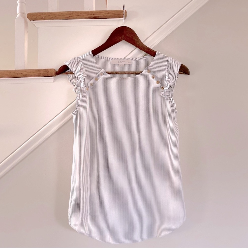 Loft Petite Ruffle Sleeved Black & White Pin Striped Blouse